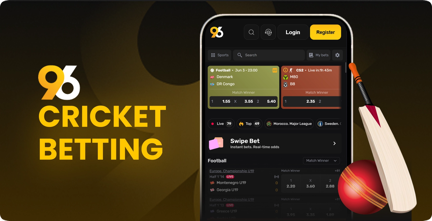 8_Cricket-96in-com-70663b 1 - Promotional banner for 96 Cricket Betting: smartphone screen with betting interface, cricket bat and ball on a dark gold background.