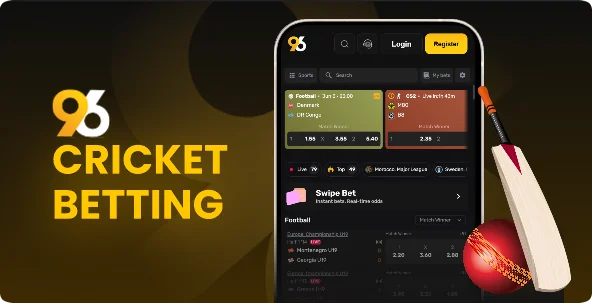 8_Cricket-96in-com-70663b - Promotional banner for 95 Cricket Betting with a smartphone app UI, a cricket bat and ball, and bold yellow '95 CRICKET BETTING' text.