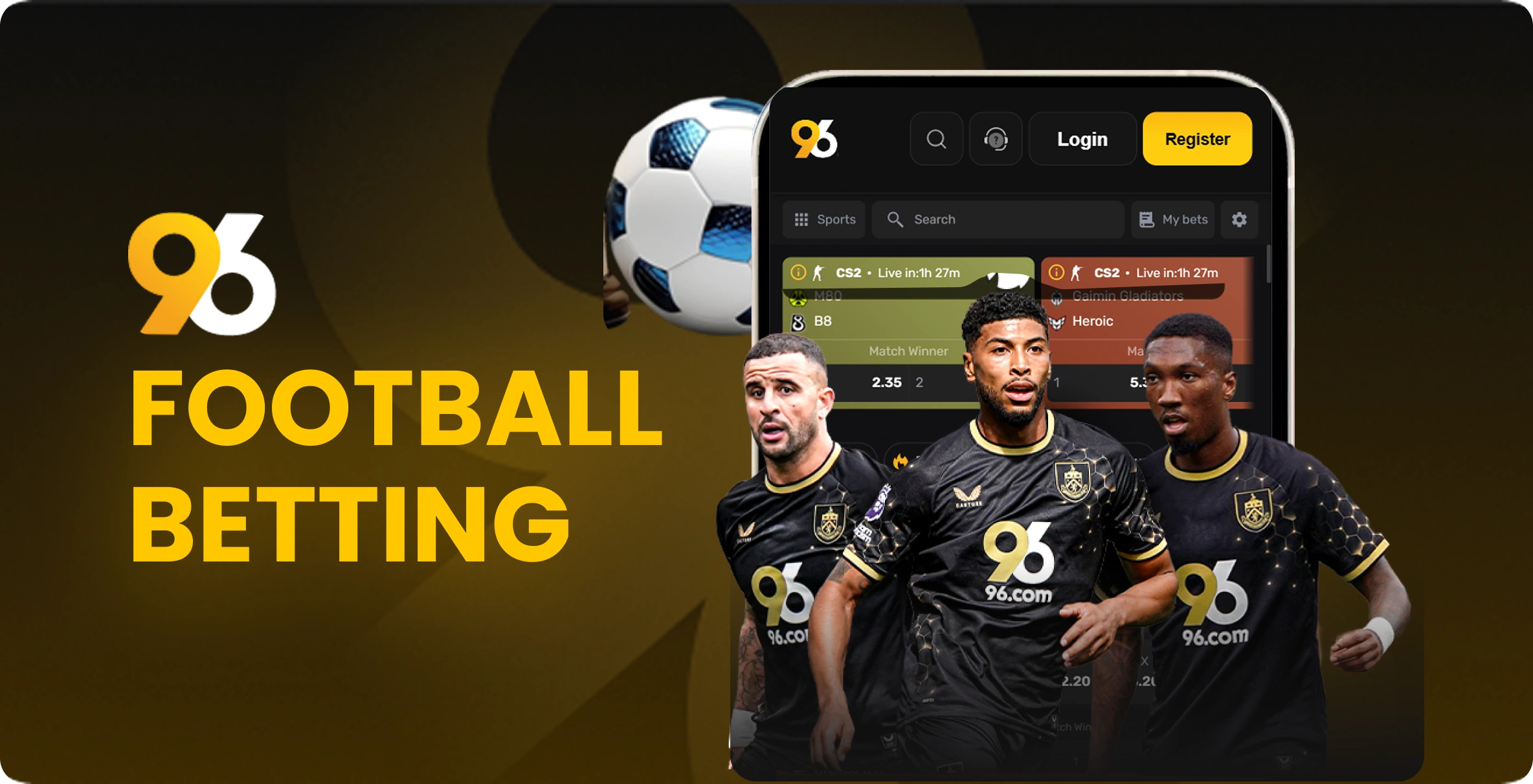 9_Football-96in-com-dc6373 1 - Promotional banner for 96 football betting with players, a mobile app screen, and bold 'FOOTBALL BETTING' text on a dark gold background.