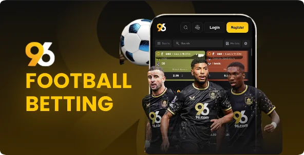 9_Football-96in-com-dc6373 - Promotional banner for 96 football betting showing players in black jerseys and a tablet app mockup with bold 'FOOTBALL BETTING' text.