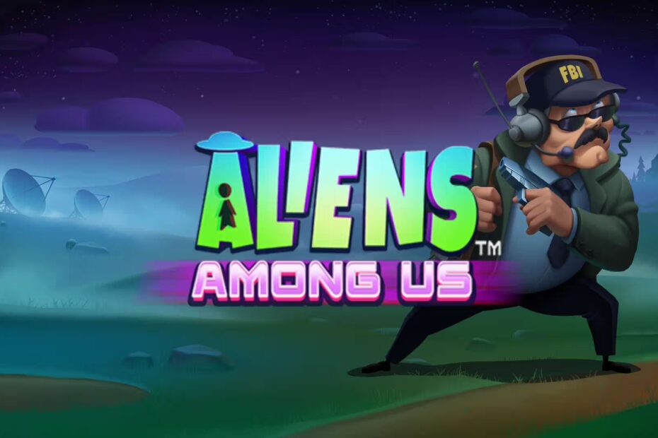 Aliens Among Us - Cartoon FBI agent with headset and sunglasses beside the neon title 'Aliens Among Us' on a night-scene game banner with satellite dishes in the background. -- Informative game hero image