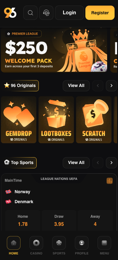 tg_image_290743438 - Dark mobile betting app UI with a top nav (logo, search, Login, Register), yellow Register button, a Premier League 0 Welcome Pack banner, a "96 Originals" row with Gemdrop, Lootboxes, Scratch cards, a "Top Sports" section, and a league odds card showing Norway vs Denmark (Home 1.78, Draw 3.95, Away 4)