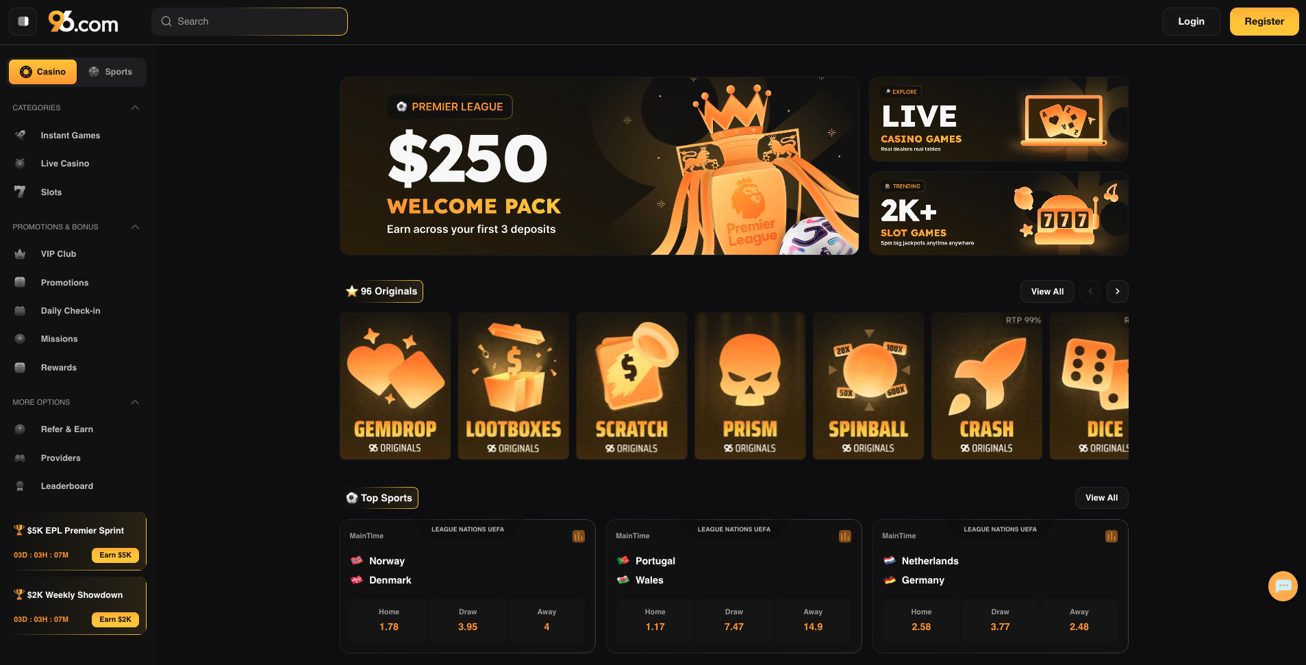 tg_image_373972237 - Dark online casino homepage with left navigation menu, top search bar, and large promotional banners including a 0 Welcome Pack offer.
