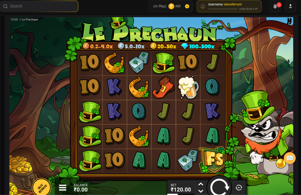 image - Illustrated slot game screen with a leprechaun theme, showing reels with shamrocks, hats, mugs, and gold coins in a forest backdrop.