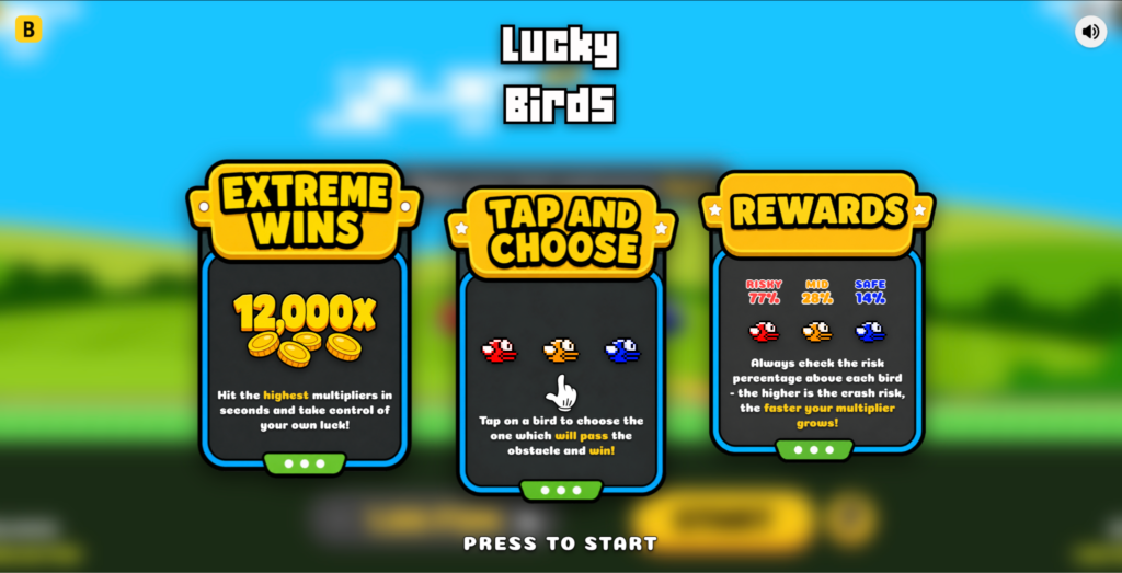 image - Colorful game title screen with three panels: Extreme Wins, Tap and Choose, and Rewards, showing coins and birds against a bright blue sky.